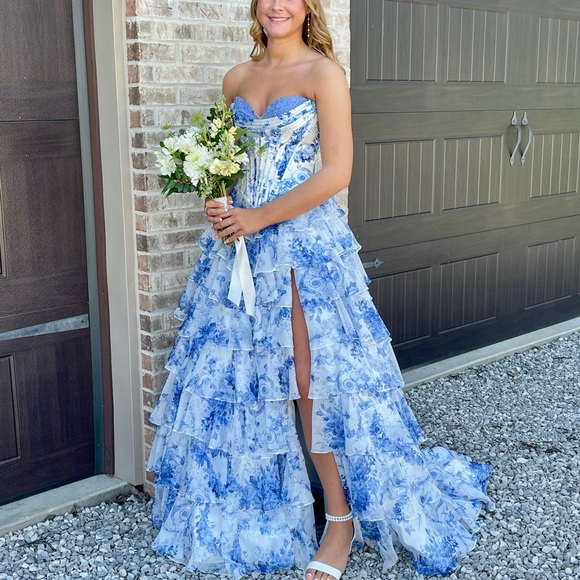 Sherri Hill Blue and White Floral Prom Dress - Picture 7 of 7
